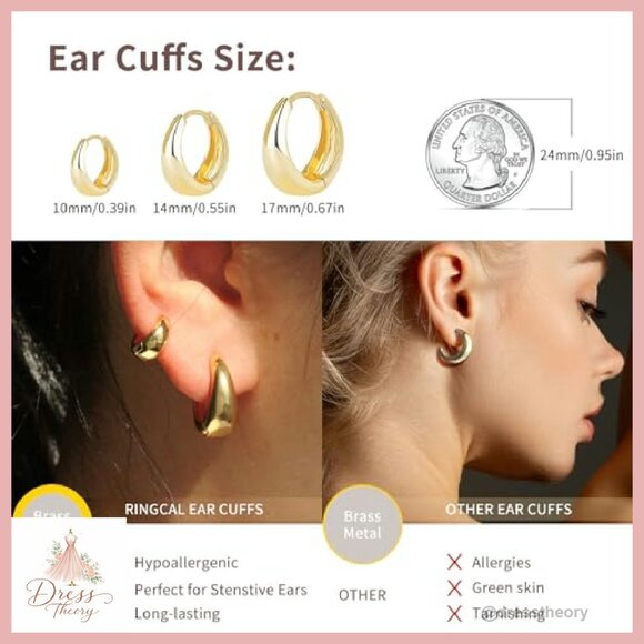 14K Gold Plated Hoop Earrings Set 10mm 14mm 17mm Hypoallergenic - Picture 3 of 8